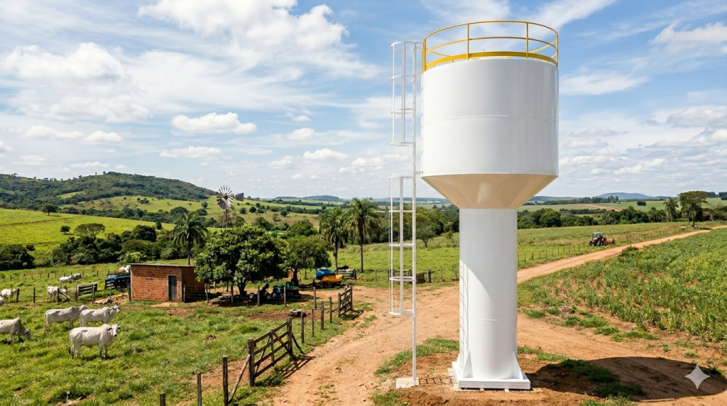 Caixa d'água para fazenda instalada em área rural, apresentando modelo metálico elevado tipo taça com escada de acesso e gado ao fundo.